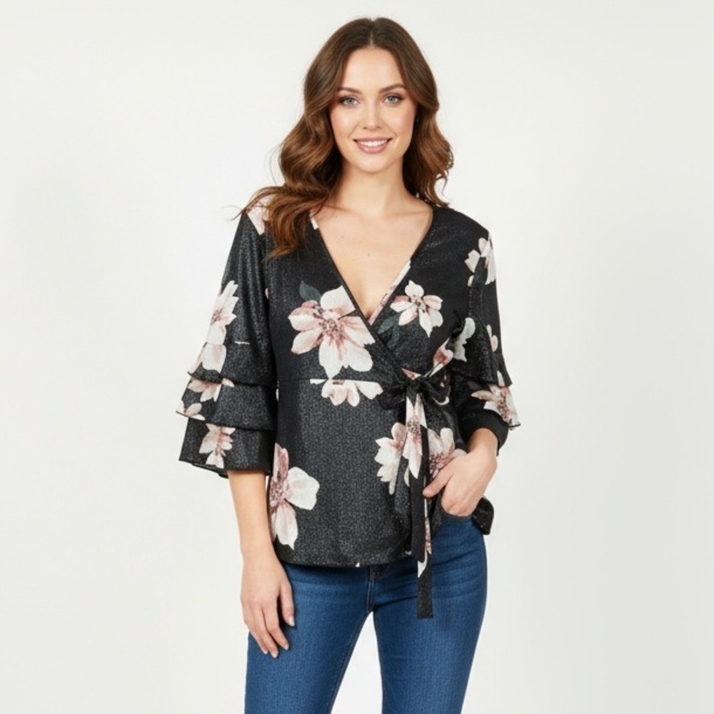 Floral Wrap Blouse - Black with Pink Floral